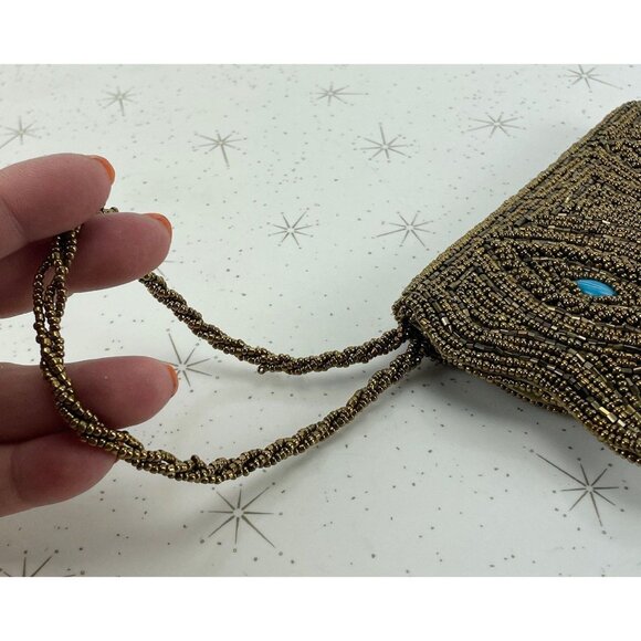 Vintage 50s bronze beaded wristlet, small clutch purse, with turquoise inserts - Picture 5 of 9